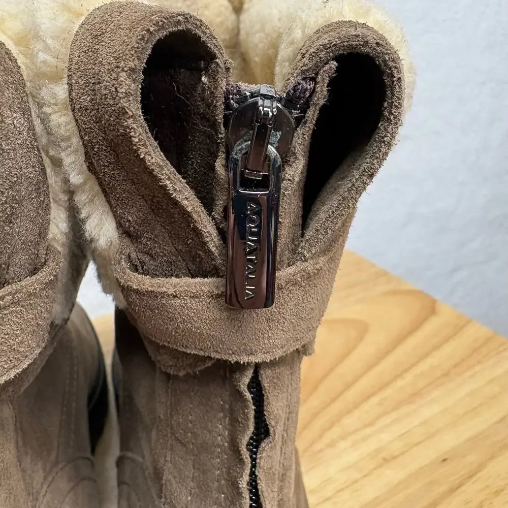 Aquatalia Boots Waterproof Taupe Gray Suede Faux-Fur Cuff Back Zip Boots 7.5